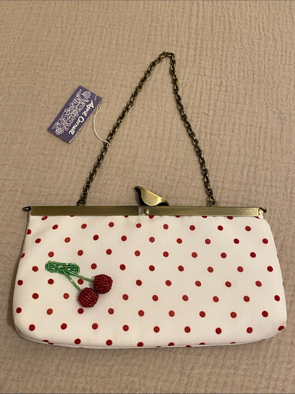 APRIL CORNELL White Polka Dot Cherry Beaded Clutch with Chain Strap. New